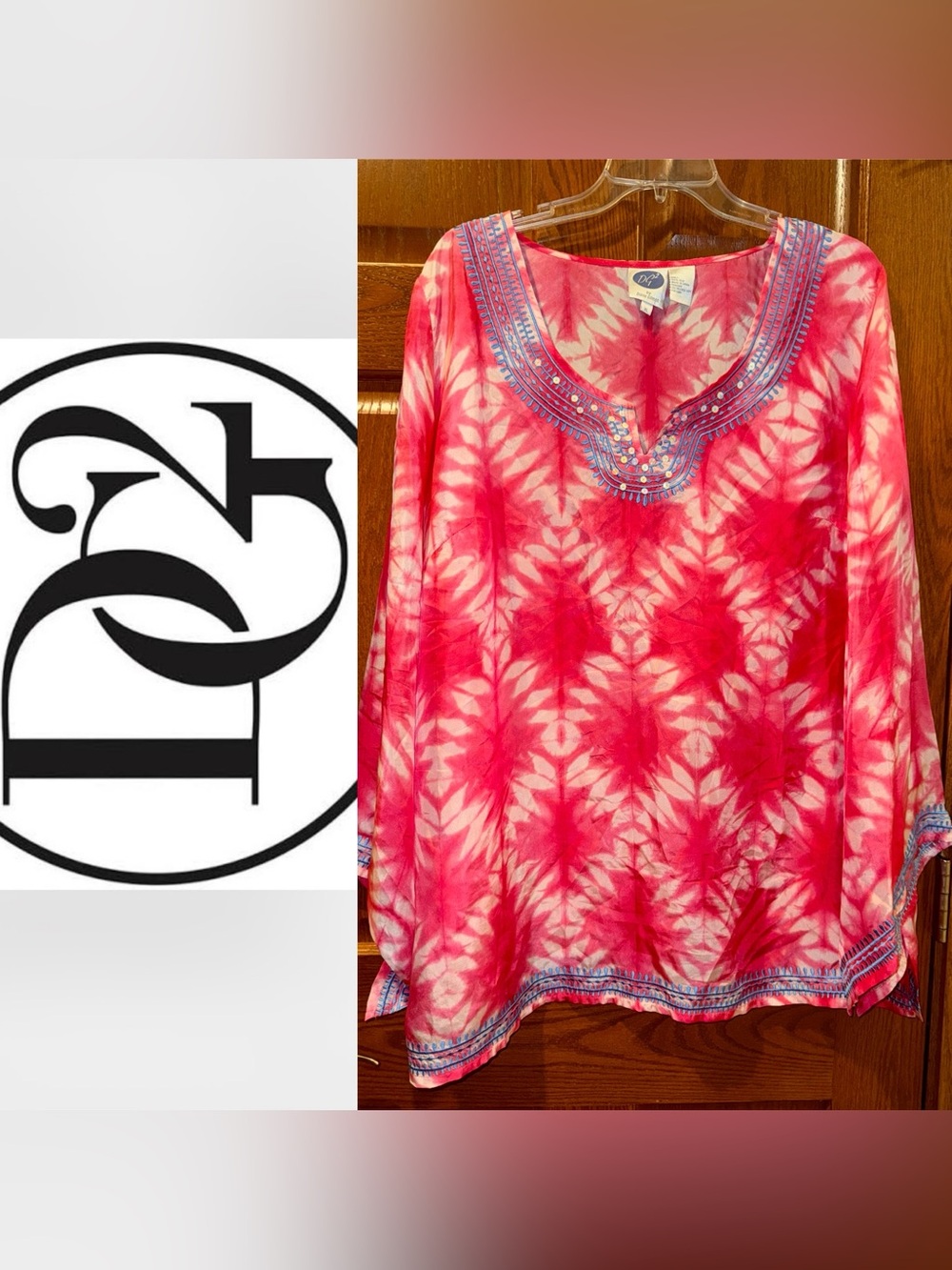 NWOT DG2 Diane Gilman XL 100% Silk Boho Tunic Embroidered Sequin Tie Dye Top
